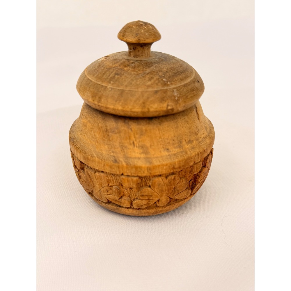 Vintage Hand Carved Wooden Trinket Box with Lid Floral Leaf Relief Small Pot